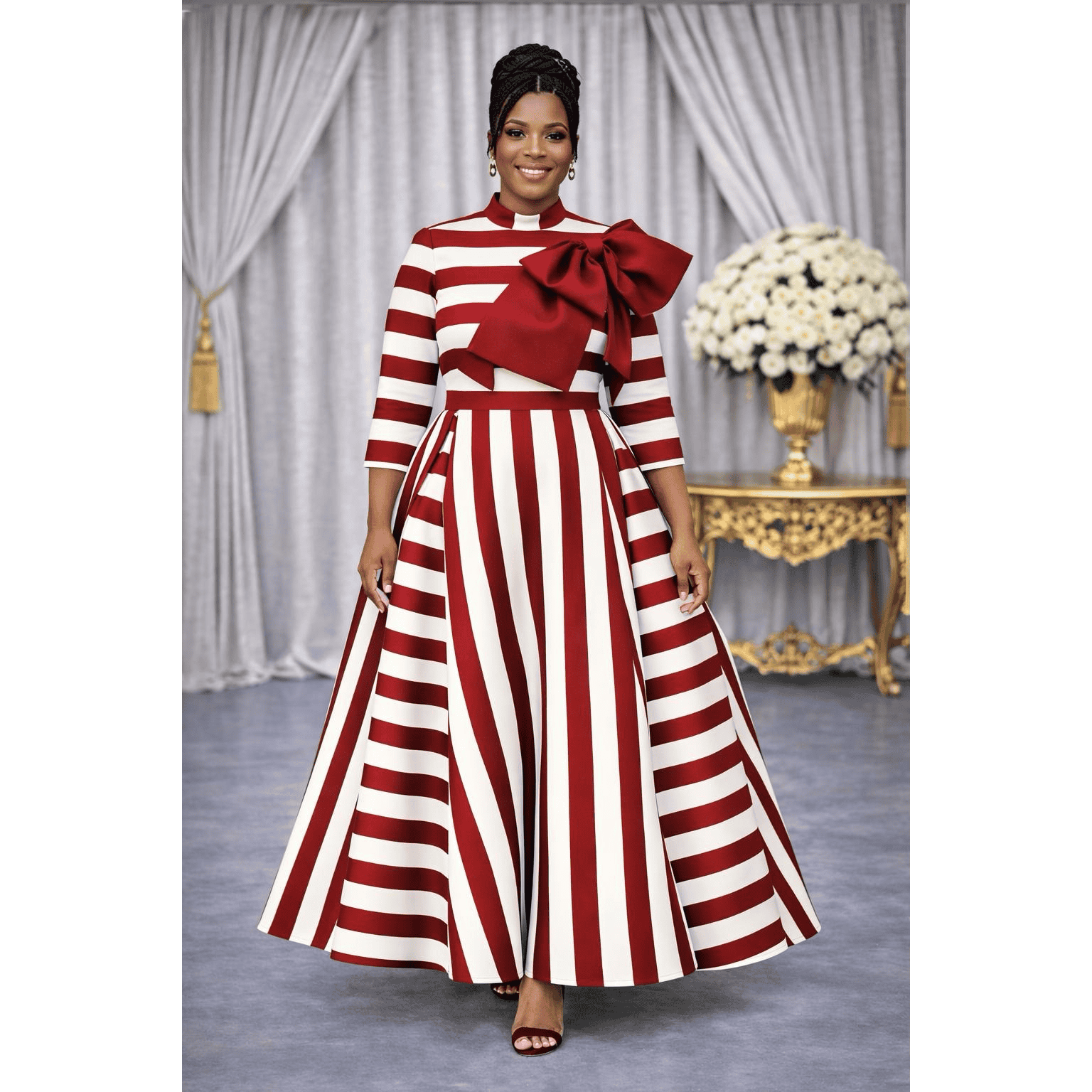 New - Designer Regular Size  Stripe Maxi Dress (S, M, L, XL)  - Burgundy
