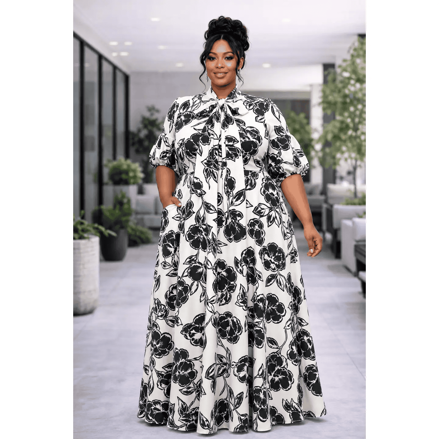 New - Designer Plus Size Crepe Techno Maxi Dress in White background  - 1X , 2X, 3X